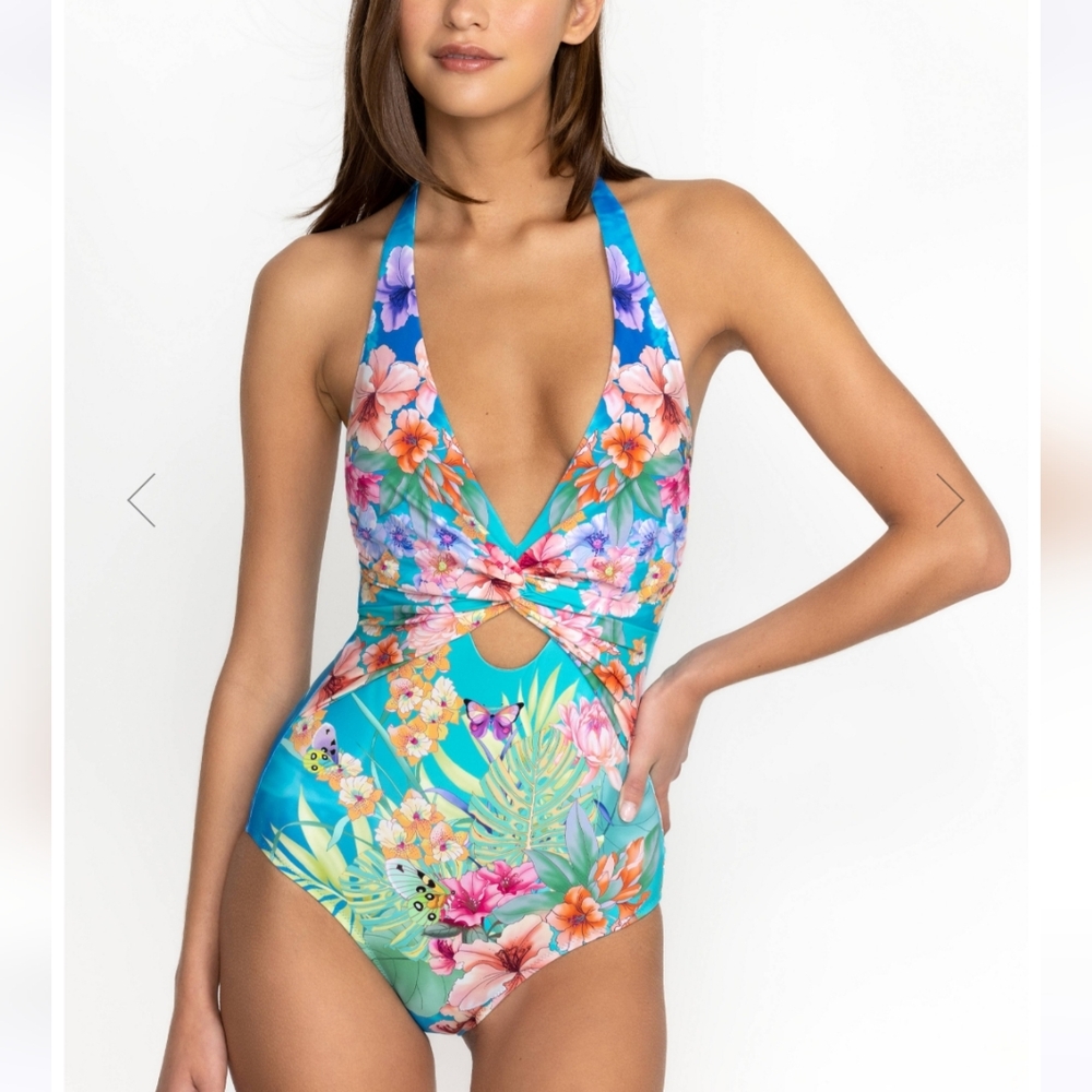 NWOT JOHNNY WAS FLORAL BUTTERFLY KEYHOLE HALTER TIE ONE-PIECE SWIM TROPICAL XS